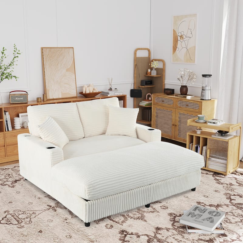 GDFStudio - Polyester 50.9" Loveseat Chaise with Cup Holders - White