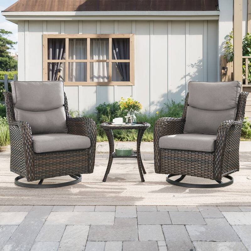 3 Pieces Patio Swivel Gliders Chair with Coffee Table - Grey - Brown
