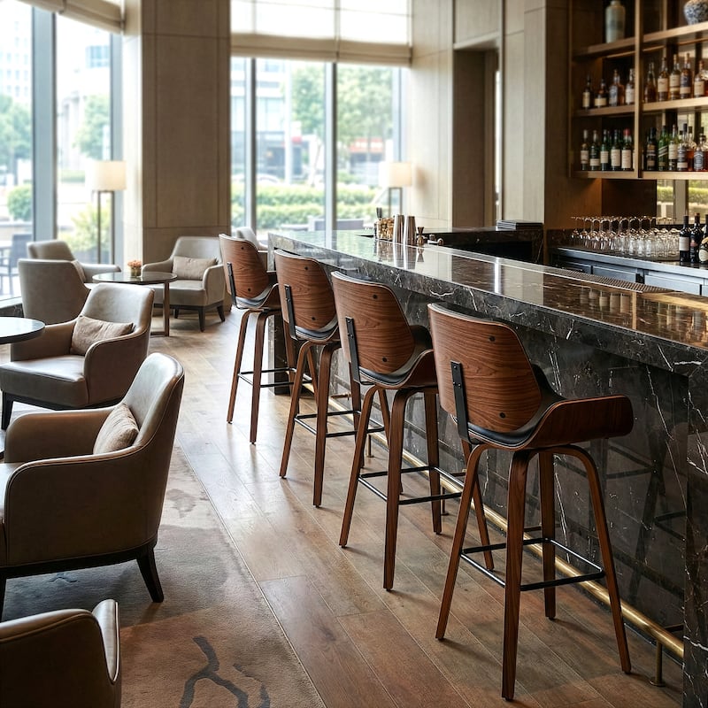 Beate Black Faux Leather Bar Stool with Walnut Wood Legs