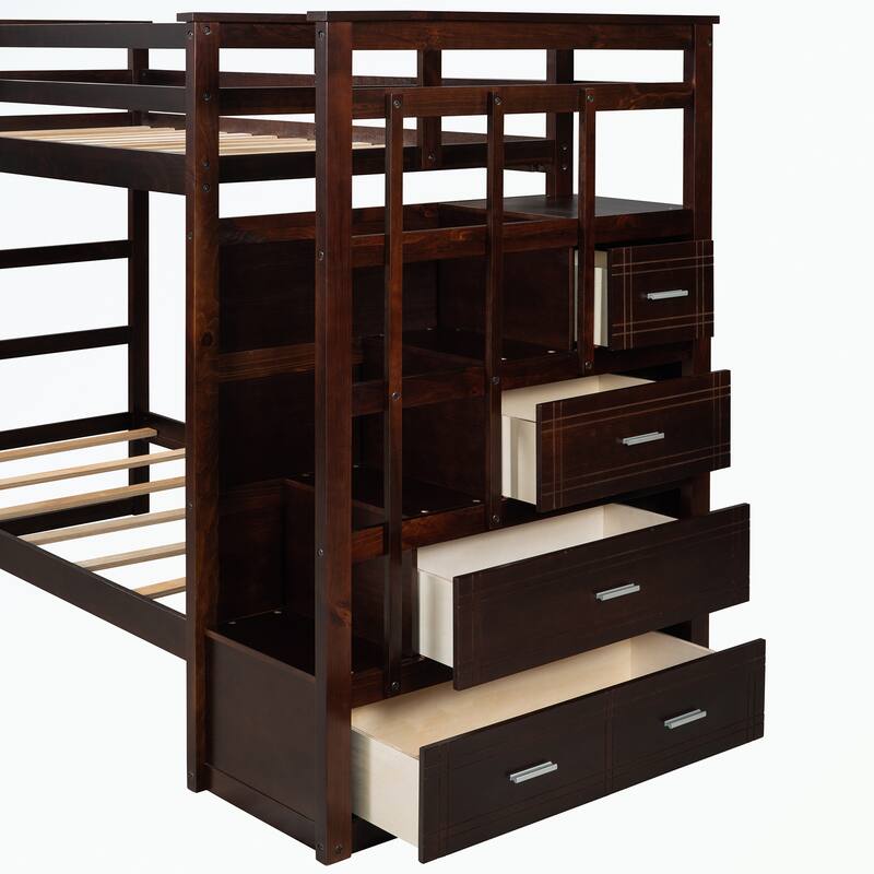 Hardwood Twin Over Twin Bunk Bed with Trundle and Staircase