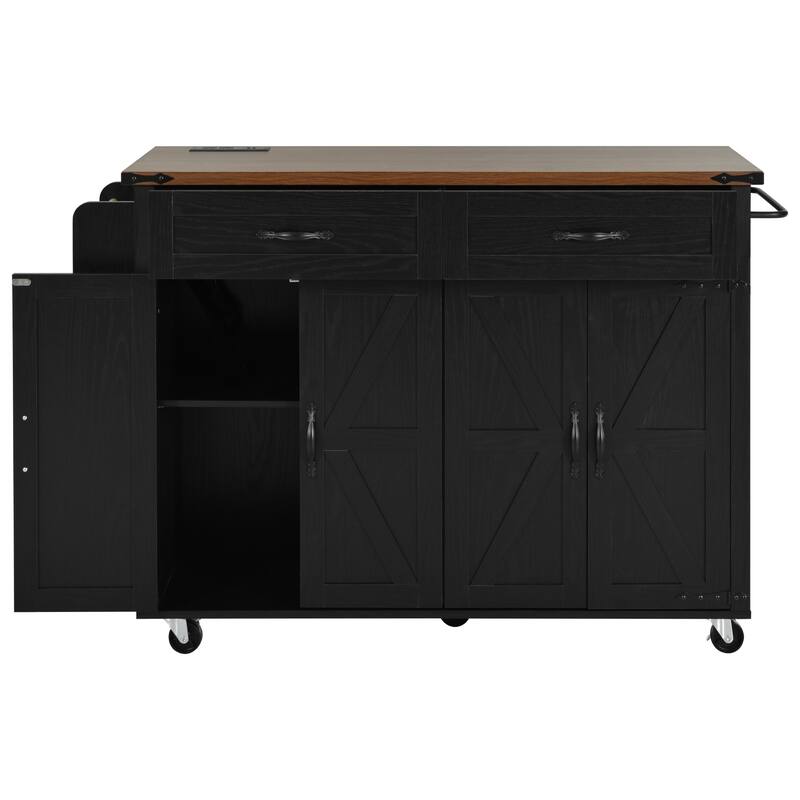 Kitchen Island on 5 Wheels with Drop Leaf, Portable Kitchen Island Cart, Rolling Cart with Power Outlet, Spice Rack & 2 Drawers