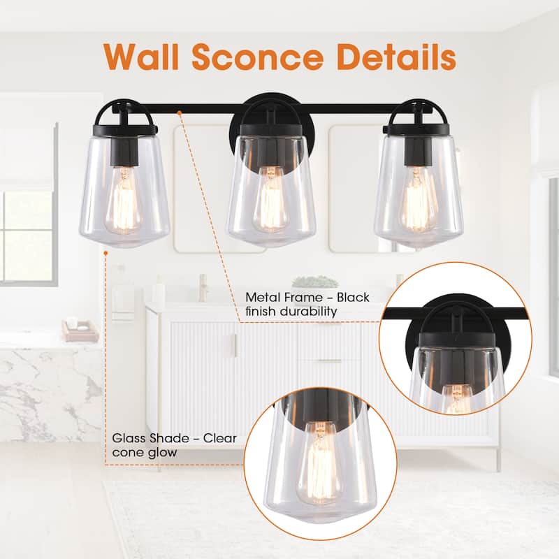22-inch Modern Matte Black Glass 3-Light Bathroom Vanity Light
