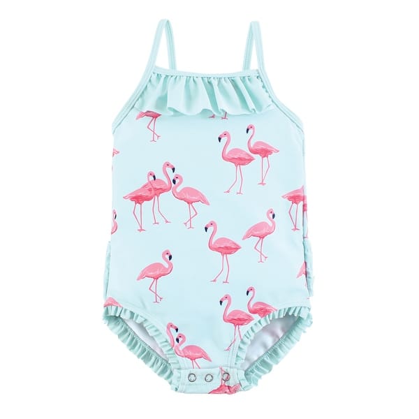 slide 1 of 1, Hudson Baby Girls Baby Swimsuit, Mint Flamingo 12-18 Months - Mint Flamingo Baby