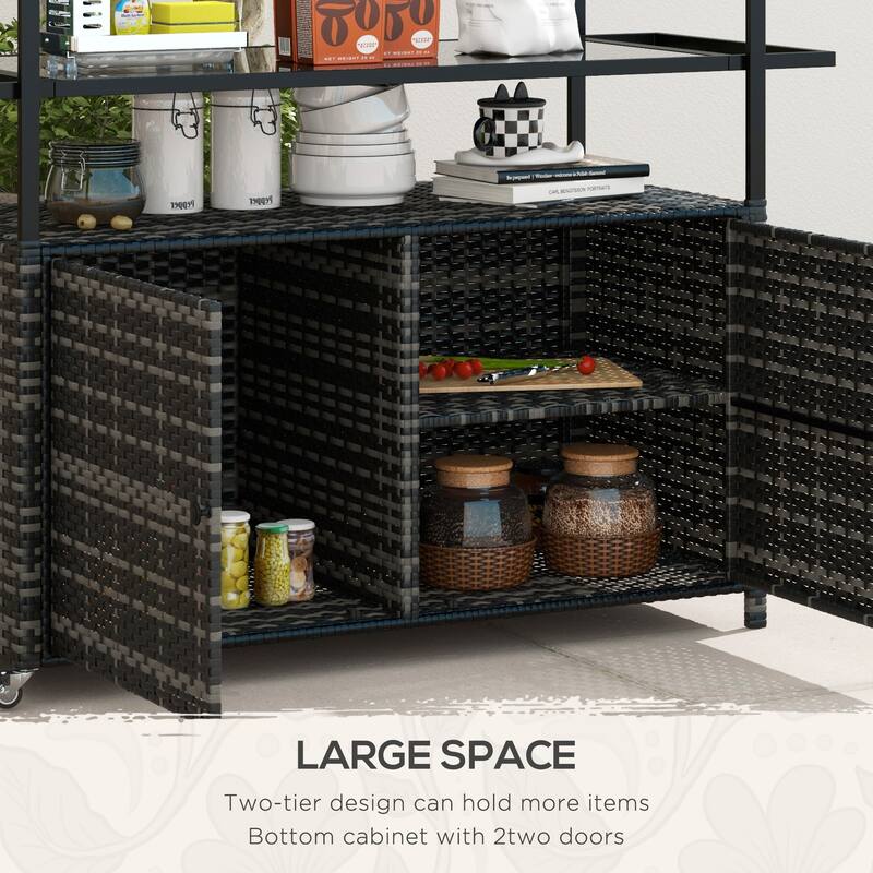 Outdoor Bar Cart PE Rattan Steel Tempered Glass Rolling Beverage Serving Cart with Storage - 51.25" W x 19.75" D x 35.5" H