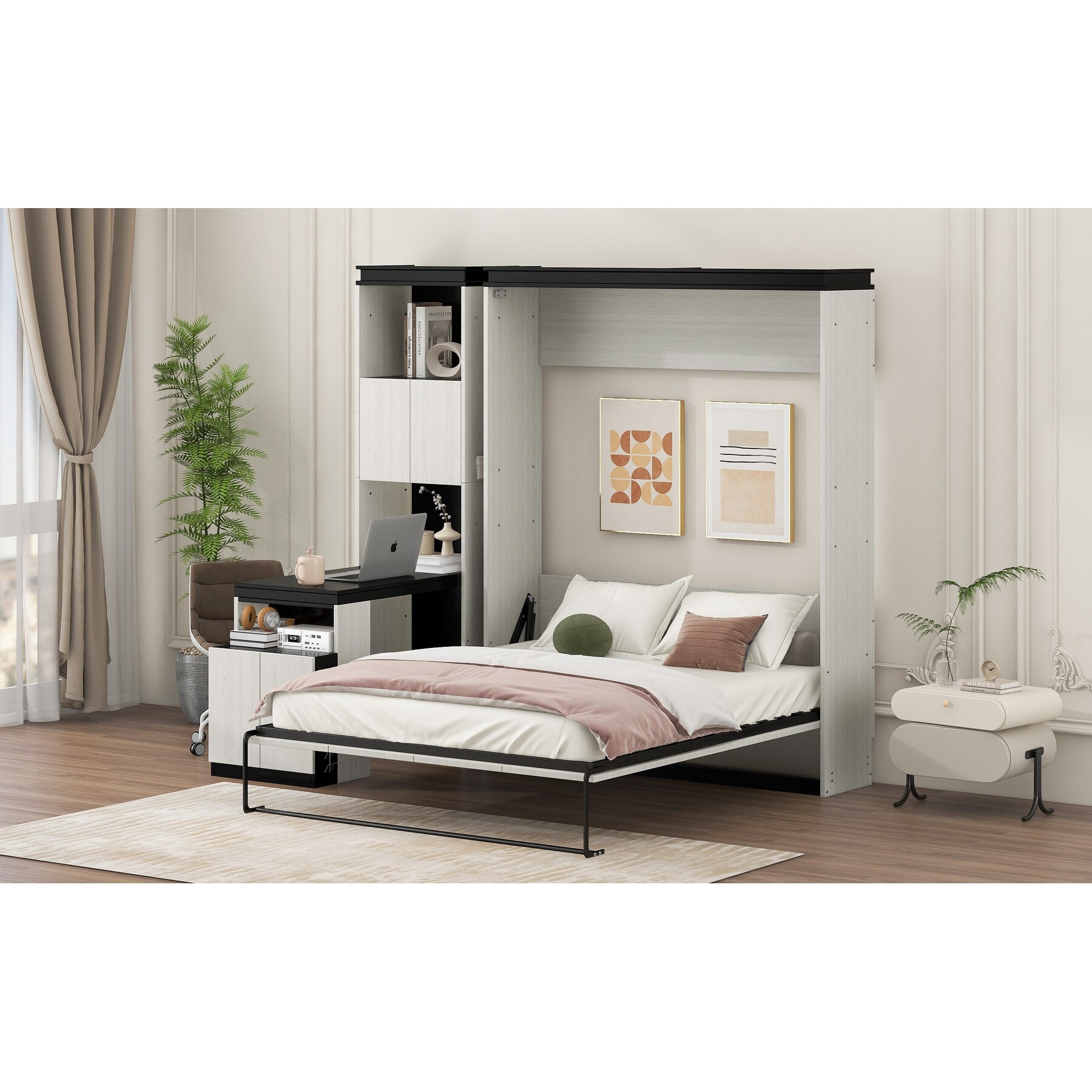 All in one Murphy Bed Convert Wall Cabinet Folding Bed with Side Bookcase and Desk Full Size Platform Bed Space saving Bed On Sale Bed Bath Beyond 42335990