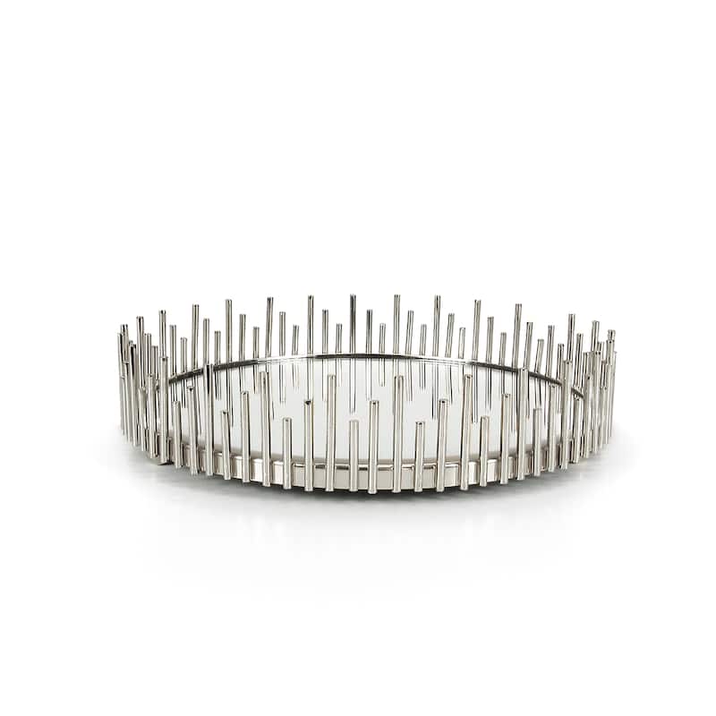Silver Sunburst Round Metal Mirror Decorative Tray Serving Platter - 10" D x 2.5" H - Silver