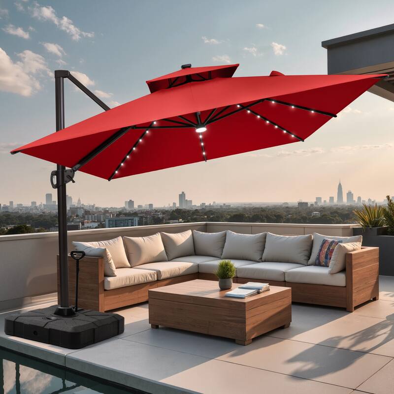 9 X 11 FT Outdoor Patio Cantilever Umbrella with Solar Lights Rod Wheel Base Double Canopy 360 Rotation Tilt - Red