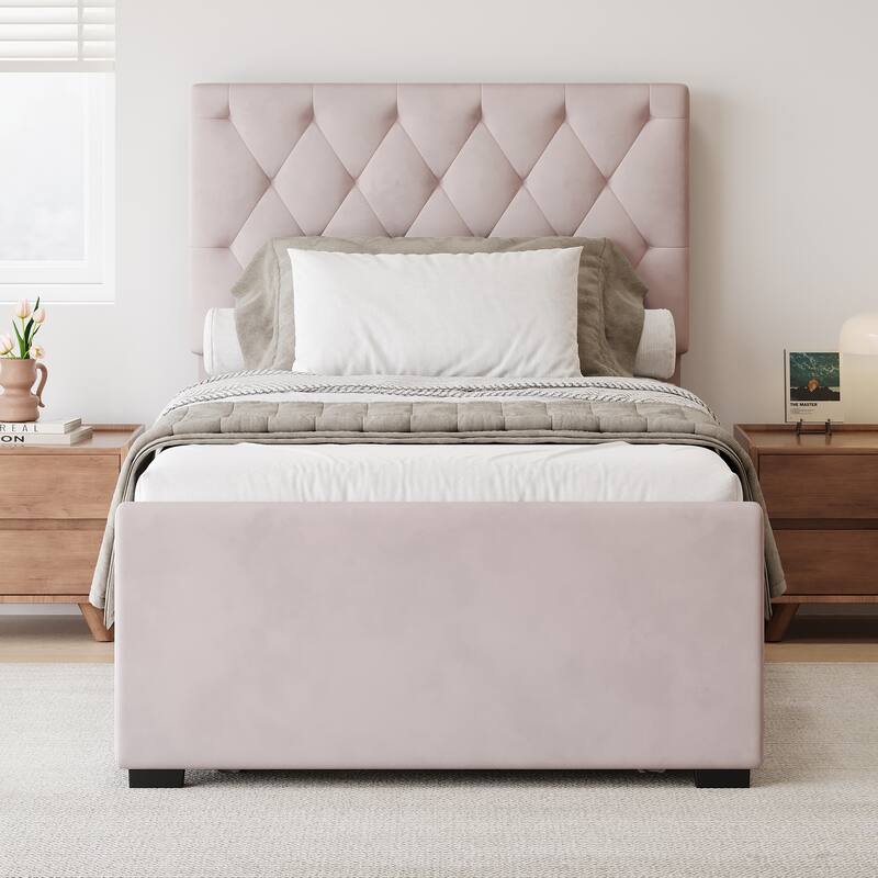 Twin Size Velvet Fabric Upholstered Platform Bed with Trundle and Adjustable Button Tufted Headboard, No Box Spring Needed