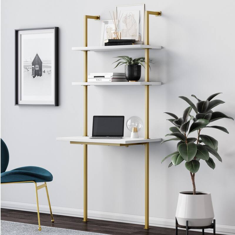 Nathan James Theo 2-Shelf Industrial Wall Mount Ladder Desk, Small Computer or Writing Desk - White/Gold
