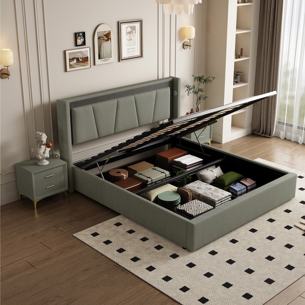 Modern Style Queen Size Cotton and Linen Fabric Storage Bed for Bedroom