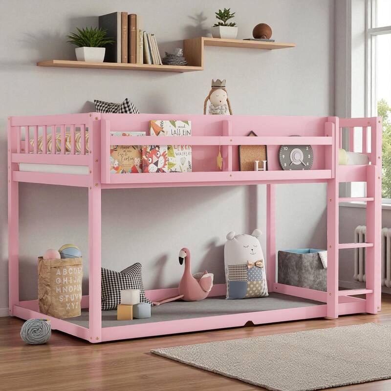 Low Twin Over Twin Floor Bunk Bed with Ladder and Shelf, Solid Wood Convertible Bunk Bed for Kids and Juniors - Pink - Twin
