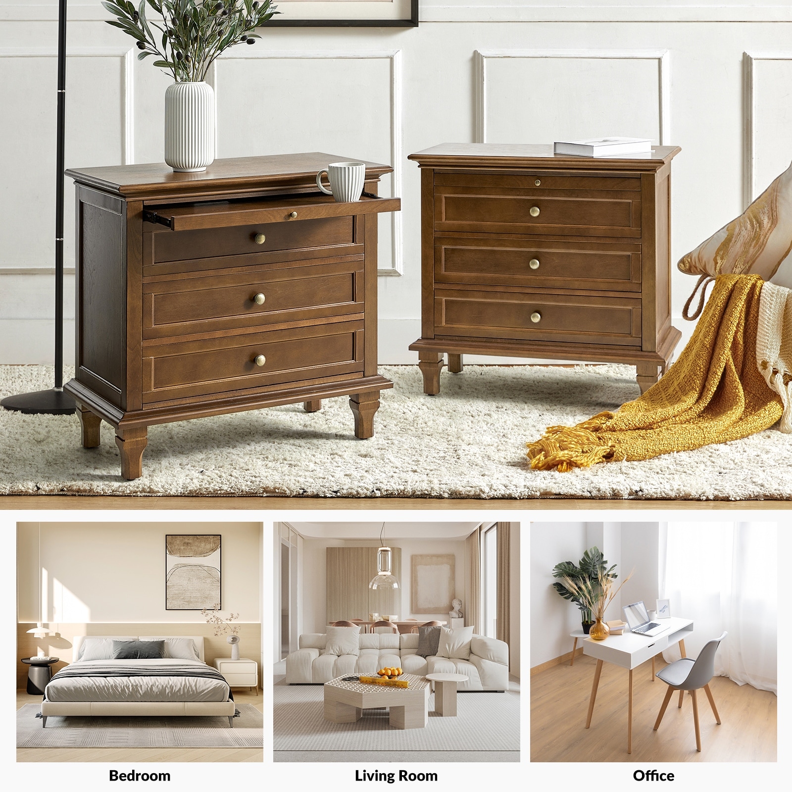 Muriel Farmhouse 3 Drawers Nightstand with Built-In Outlets Set of 2 by HULALA HOME