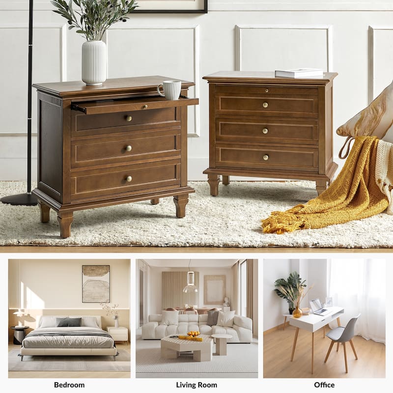 Muriel Farmhouse 3 Drawers Nightstand with Built-In Outlets by HULALA HOME