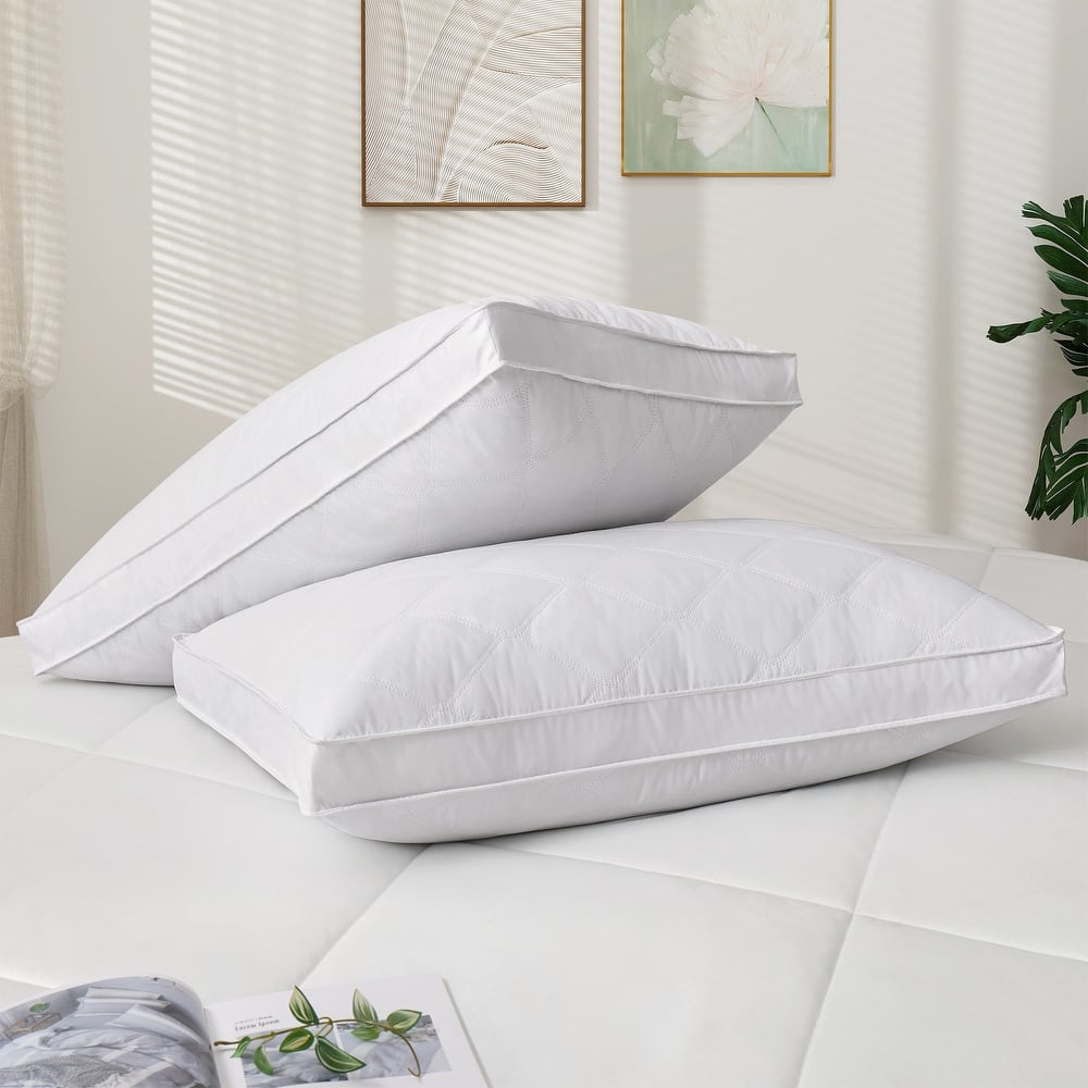 2 Pack Premium Quilted Gusset Goose Feather Down Bed Pillows for Side & Back Sleepers - White