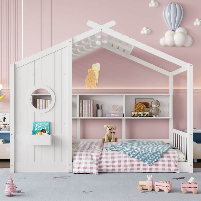 Twin Size Floor House Bed for Toddler, Kids Montessori Bed with Storage Shelf, Playhouse Bed with Roof Design