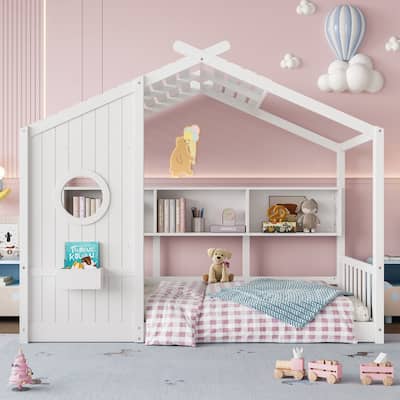Twin Size Floor House Bed for Toddler, Kids Montessori Bed with Storage Shelf, Playhouse Bed with Roof Design