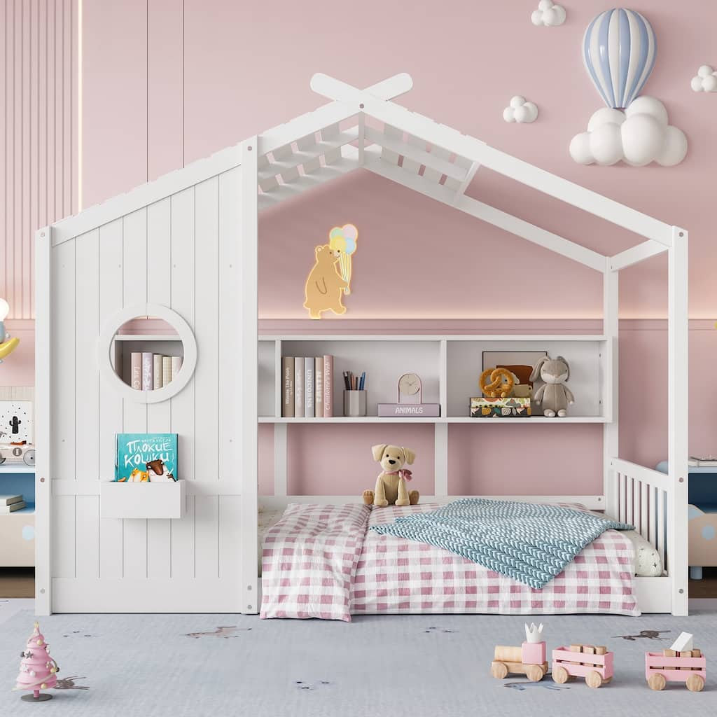 Twin Size Floor House Bed for Toddler, Kids Montessori Bed with Storage Shelf, Playhouse Bed with Roof Design