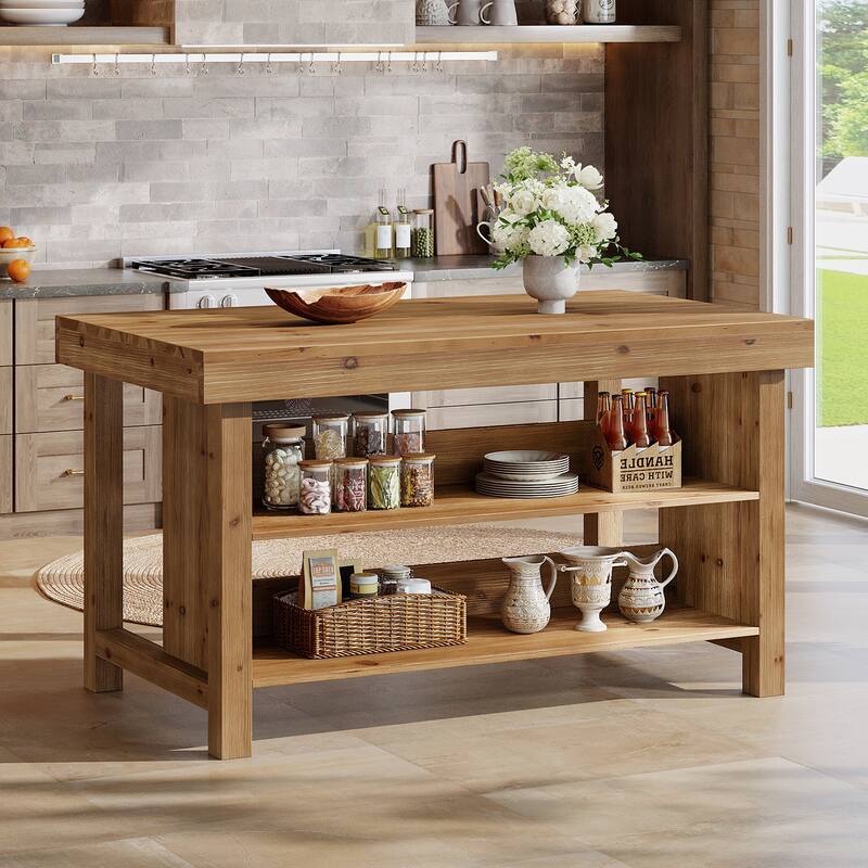 Solid Wood Bar Table, Open Storage Counter Height Pub Dining Table, Kitchen Dining/Living Room Basement Accent Bar Unit