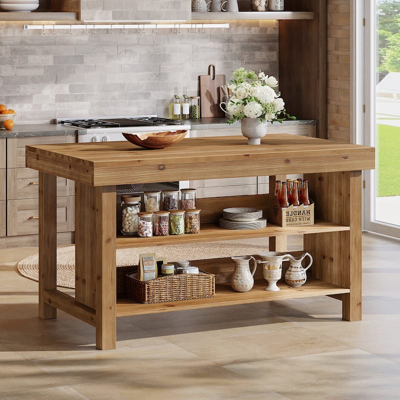 Solid Wood Kitchen Island, Open Storage Counter Height Table, Kitchen Dining/Living Room Coffee Bar Accent Island