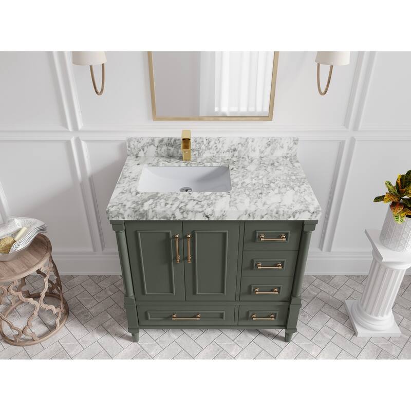 Willow Collections 36 in. W x 22 in. D Aberdeen Left Offset Sink Bathroom Vanity in Pewter Green with Countertop - 2" Carrara Marble - Pewter Green