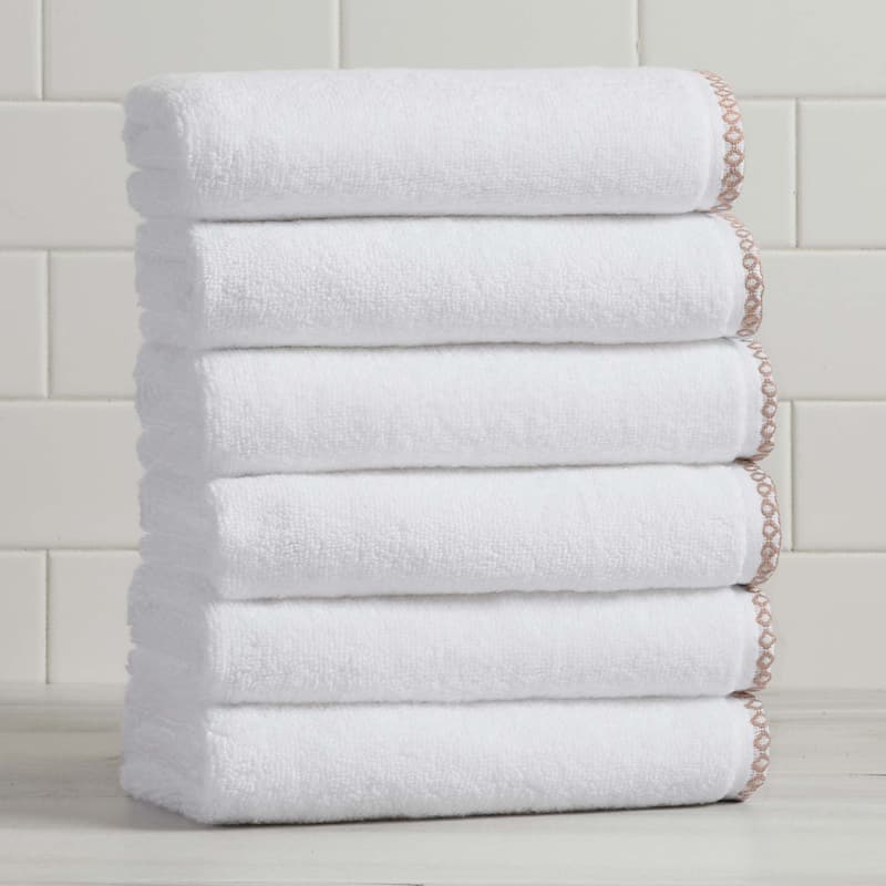 Linery & Co. Quick-Dry Cotton and Decorative Border Towel Set - Hand Towel (Pack of 6) - White / Rosewood