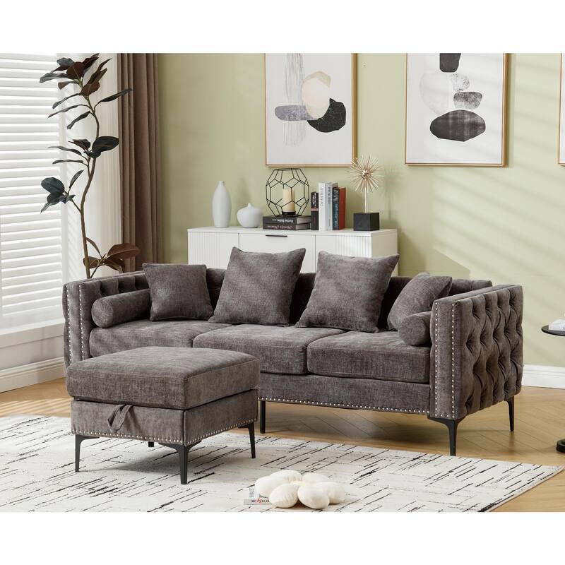 Stylish 3-Seat Chenille Sofa with Storage Function and Pillows