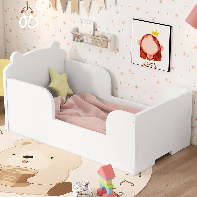 Toddler Floor Bed with Bear-shaped Headboard and Rounded Corners Guardrails for Ages 3-6, Open Baby Platform Bed Frame