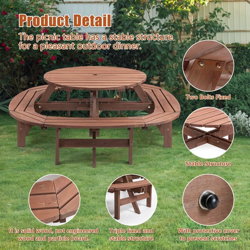 Large Round Wooden Outdoor Dining Table With Built-In Circular Bench – Seats 10-12 People, 500lb Capacity, Walnut Brown Finish.