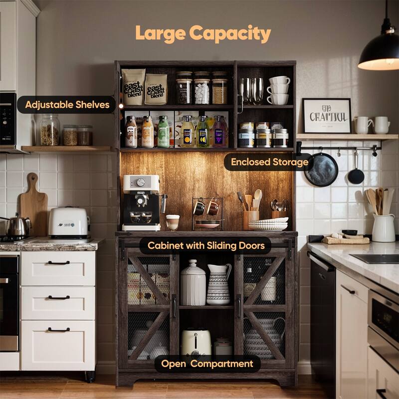 Pocassy 70.87" Kitchen Pantry Cabinet with Led Lights & Power Outlet For Dinning Room