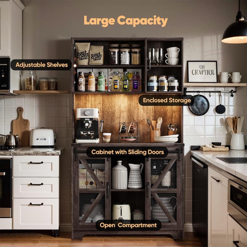 Pocassy 70.87" Kitchen Pantry Cabinet with Led Lights & Power Outlet For Kitchen