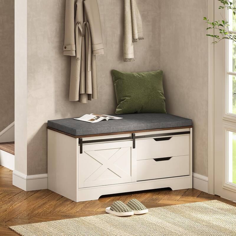 Storage Bench with Cushion Adjustable Shelf Shoe Rack Cabinet