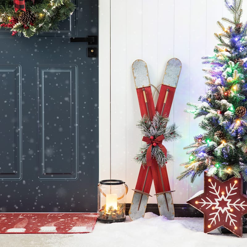 Glitzhome 35"H Christmas Wooden/Galvanized Ski Porch Decor