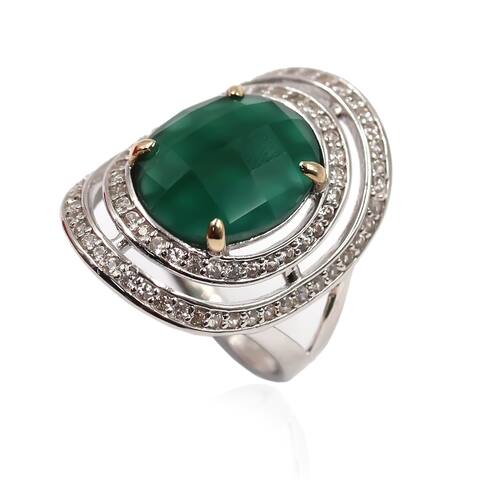 14k Gold and Sterling Silver Green Agate, Zircon Ring