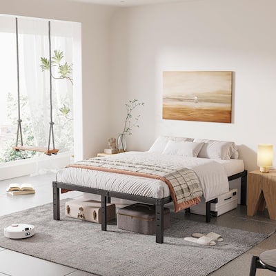 16 Inch Black Metal Platform Bed Frame With Wood Slats Support