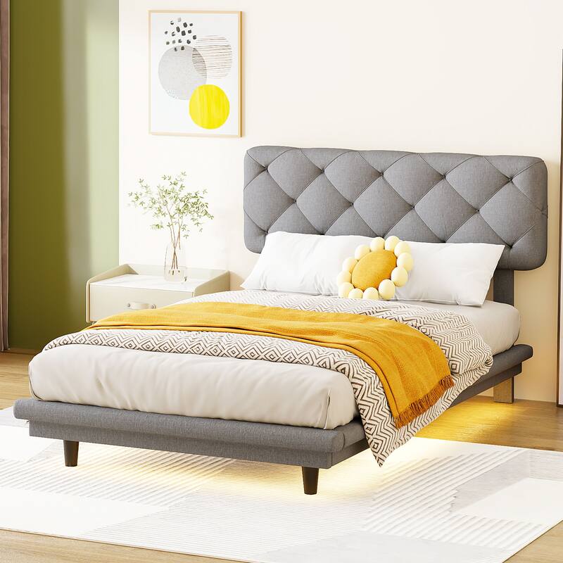 Roomfitters Twin Size Upholstered Bed with Light Stripe, Floating Platform Bed, Linen Fabric