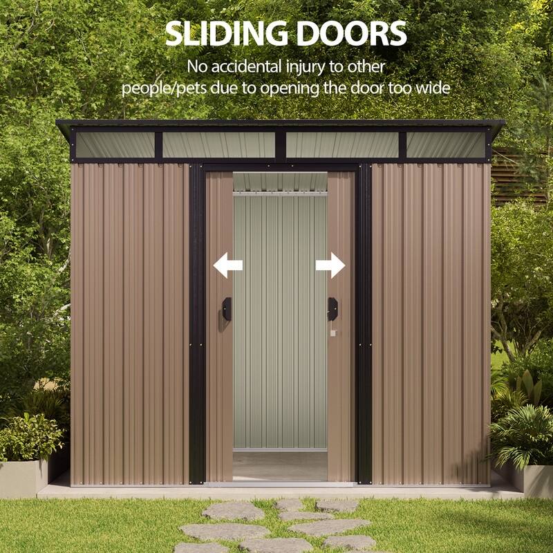 8' x 6' Outdoor Metal Storage Shed with Sliding Door, Multi-Functional Garden Shed with Glass Window and Anchor Bolts