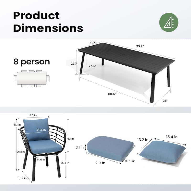 9-PC Outdoor Patio Aluminum Dining Set Table With Dining Chairs Sunbrella Seat&Back Cushions Umbrella Hole