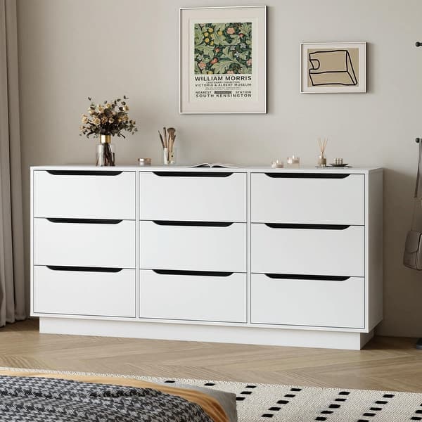 large dresser with deep drawers Hitow 9 Drawer for Bedroom Drawers, Floor Wood Dressers & Chest of Handle Free, Modern White Long Dressers for Closet Living Room, Euro Slide (63"W x padded base provide added security 61111 Alder Shaker 10-Drawer Dresser