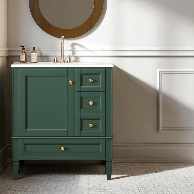 30 Inch Bathroom Vanity with Sink, Modern Freestanding Cabinet with 3 Drawers, Solid Wood Frame & Ceramic Top