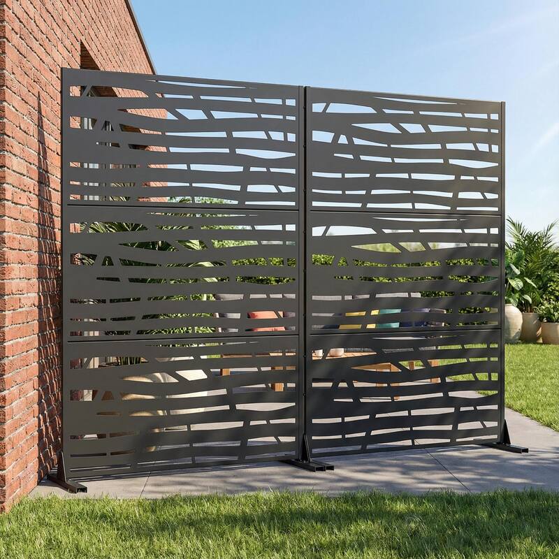 Metal Privacy Screen Fence Panel with Stylish Pattern Set of 2 - Black - 72"x47"