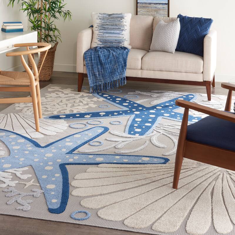 Nourison Aloha Coastal Starfish Indoor/Outdoor Area Rug - 12' x 15' - Grey/Blue/Yellow