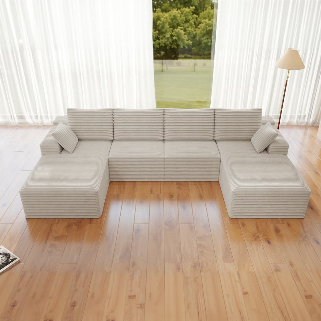 Roomfitters 131.9" Modular Sectional Sofa, 4-Piece Compressed Cloud Couch, No Assembly Required, Plush Corduroy, White