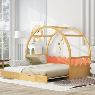 Twin Size Stretchable Vaulted Roof Bed, Children's Pine Wood Bed Frame with Three-Sided Guardrail, No Noise/Easy Assembly