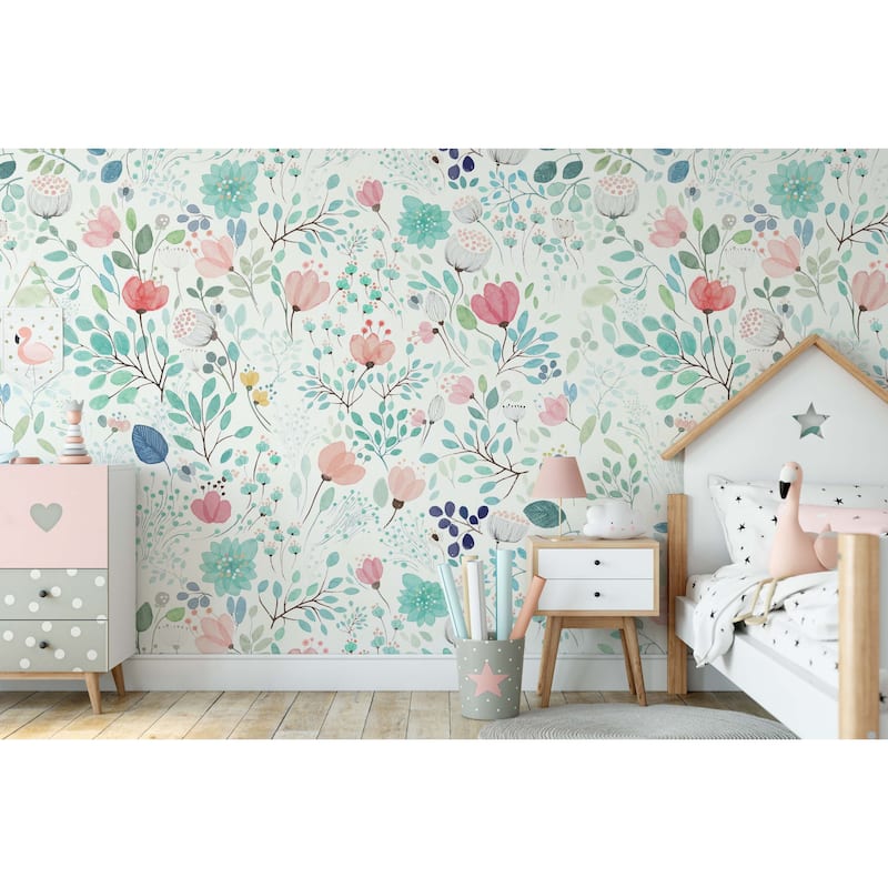 GK Wall Design Colorful Puppy Flowers with White Background Removable Wallpaper