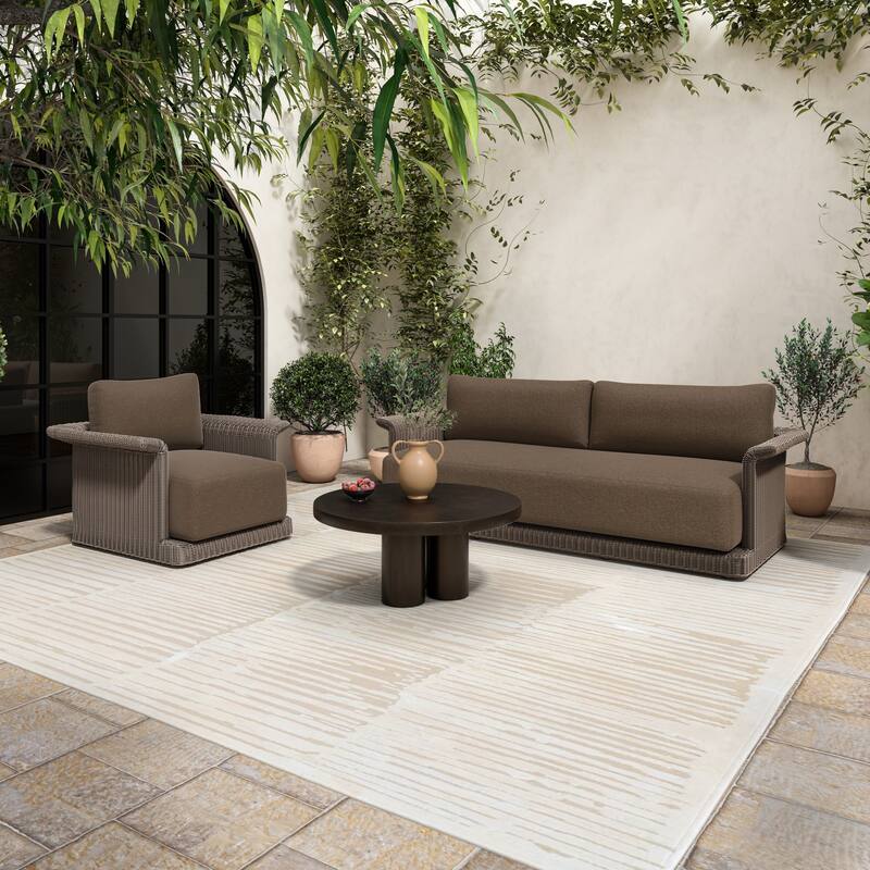 NADAAL STUDIOS Renric Outdoor Coffee Table, Round Cast Aluminum with Grooved Legs, Black Finish