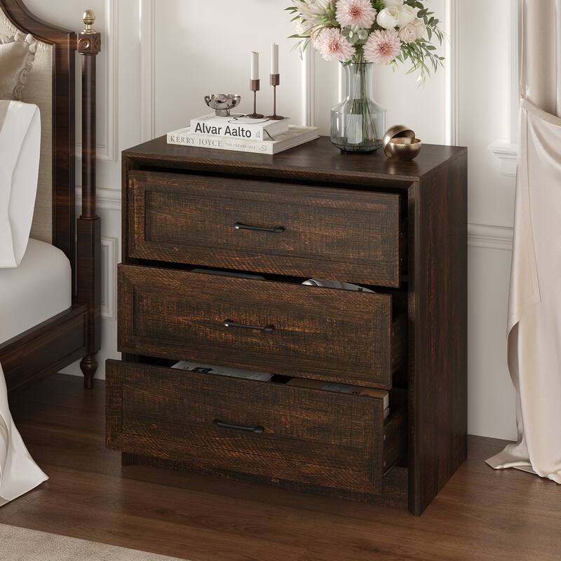 Modern 3-Drawer Wood Dresser for Bedroom, Wide Storage Chest with Metal Handles, Nightstand Cabinet