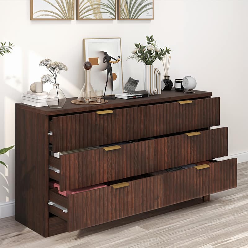 47" Wide Fluted 6 Drawers Dresser, Curved Profile Design Dresser