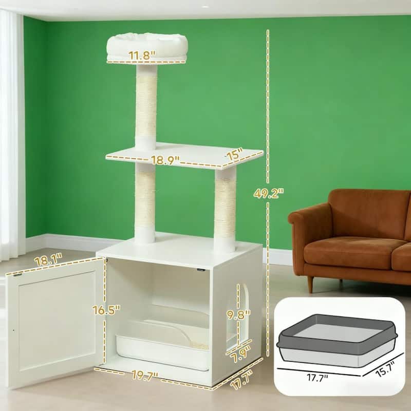 White Cat Tree with Litter Box Enclosure