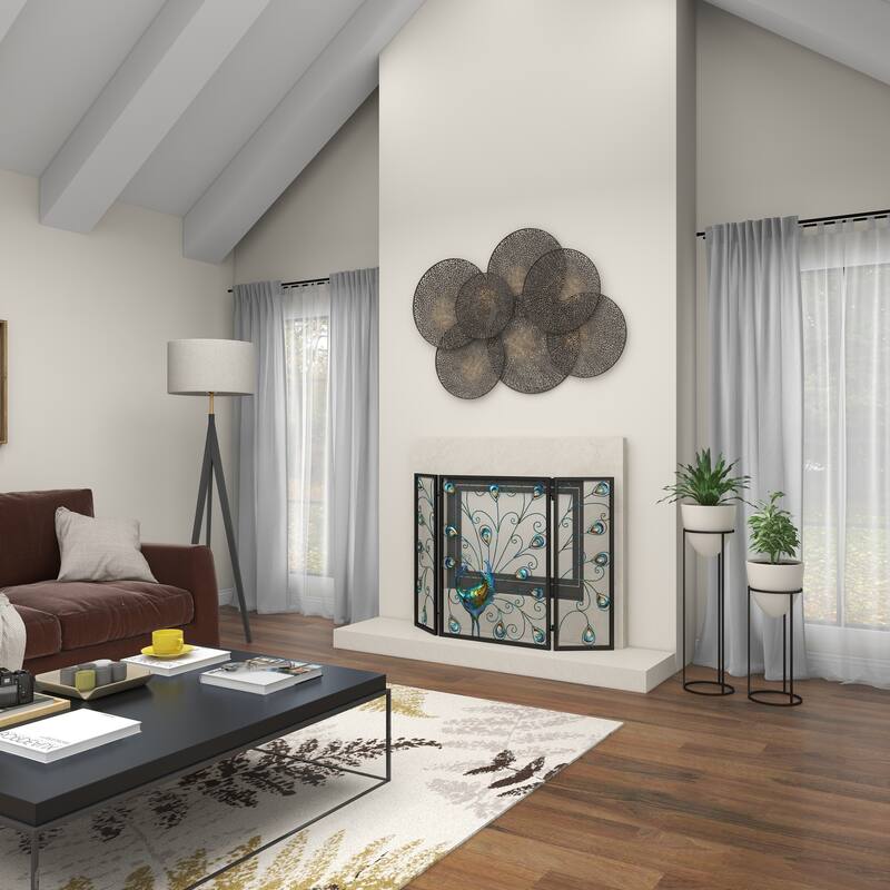 Blue Metal Rainbow 3 Panel Peacock Fireplace Screen with Crystal Accents and Black Frame