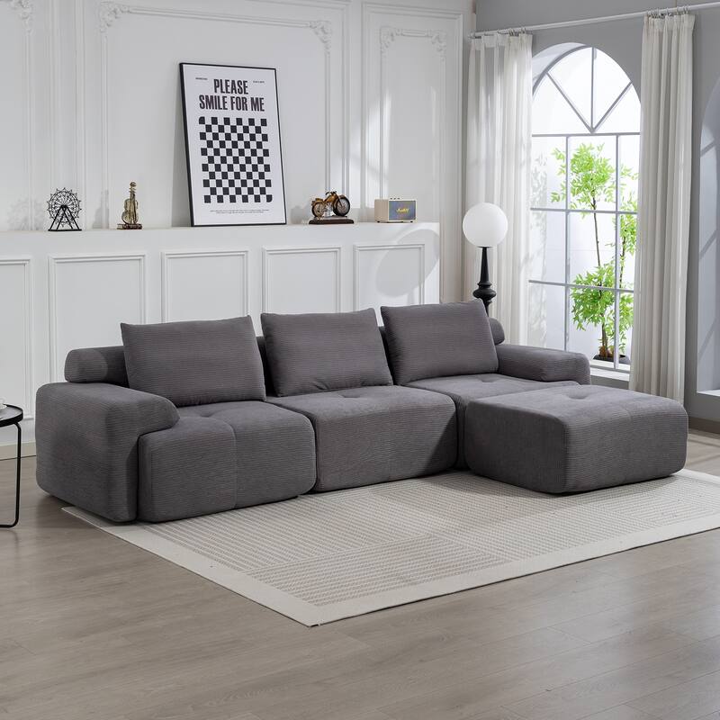 Corduroy Modular Sleeper Sofa Bed with Ottoman, L-shaped Sectional Couches for Living Room with Memory Foam and Steel Frame - Grey